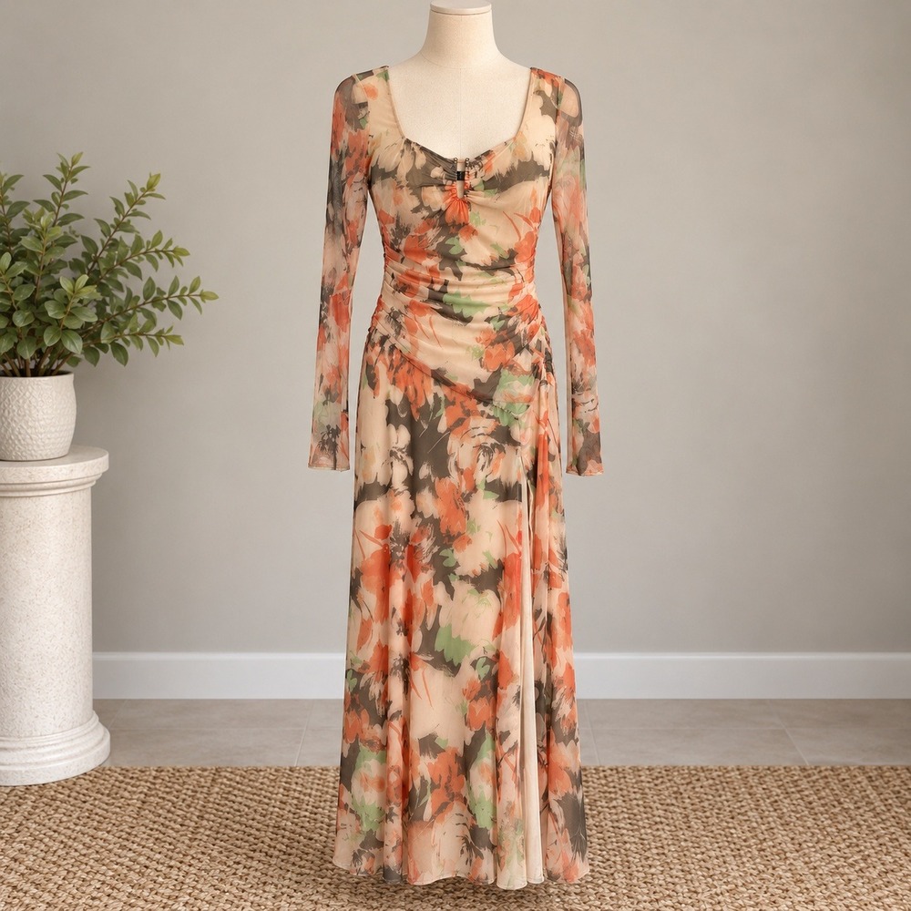 Lulus Maxi Dress Floral Mesh Ruched Long Sheer Sleeve Ethereal Fairycore Sz L